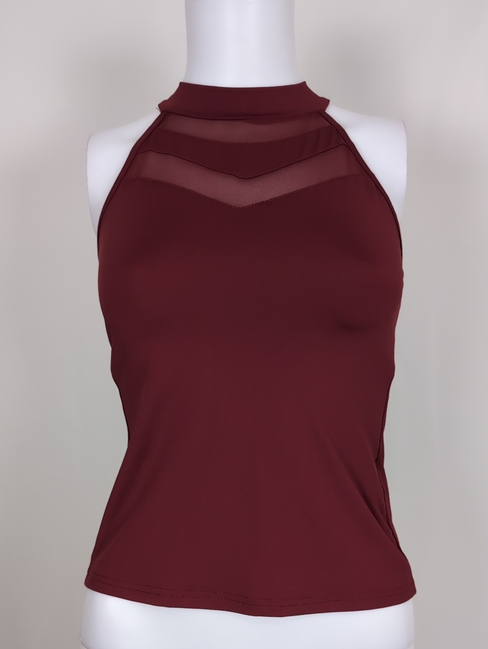SHEIN Dark Red Chevron Mesh Sheer Sides Sleeveless Fitted Top Size Medium
